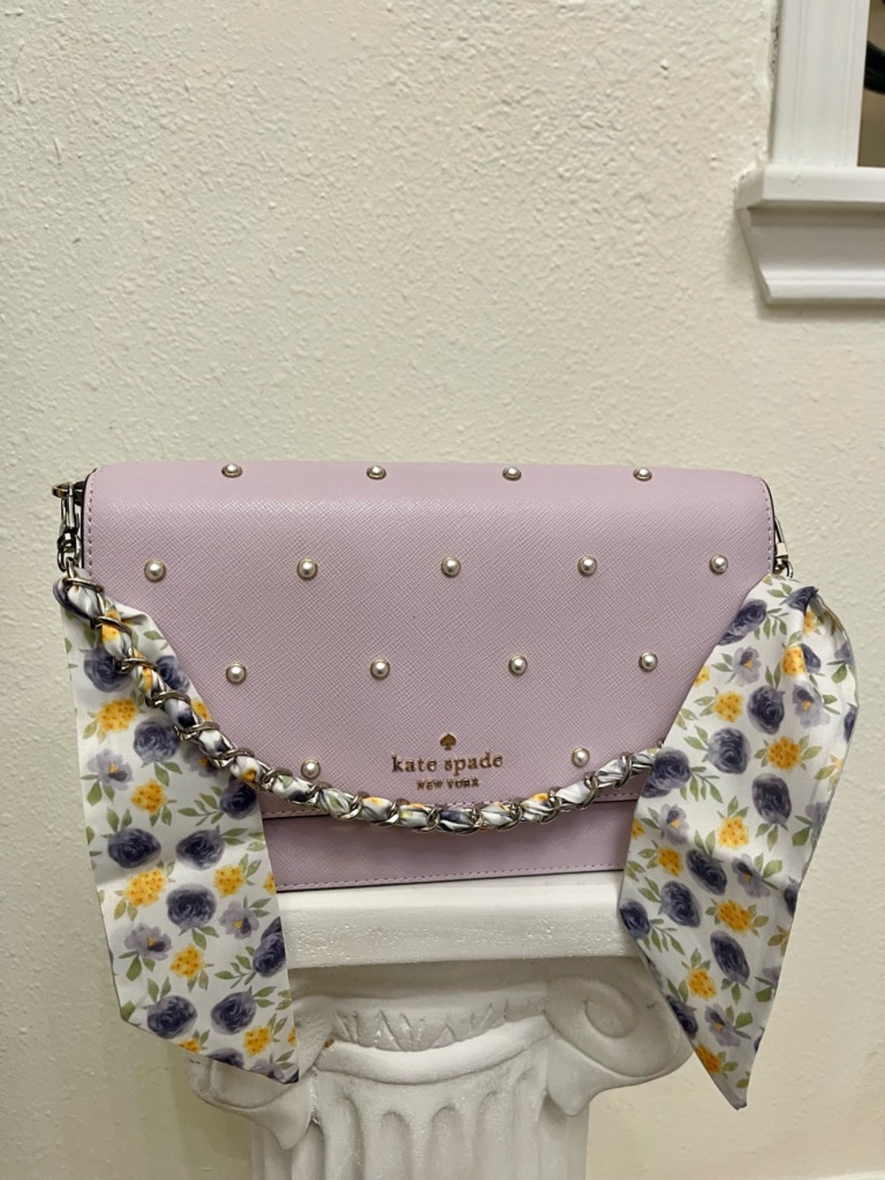 Bag Charm: silver bag chain strap w/Purple multi flower Scarf Strap